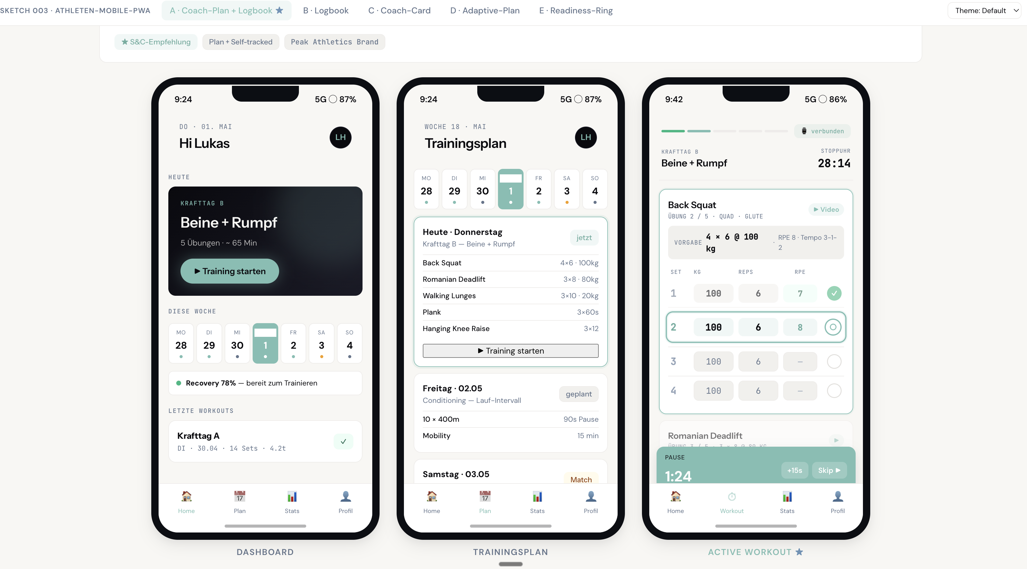 Athleten-App — Dashboard, Trainingsplan, Active Workout auf Smartphone